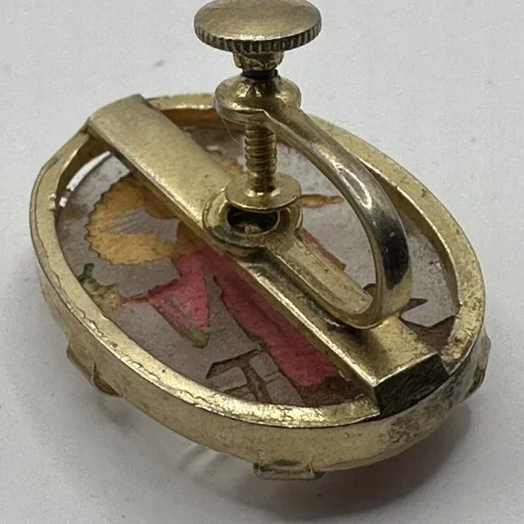 Vintage Geisha Earrings Clip On Twist On Hand Painted Gold Oval Earrings - Picture 4 of 9